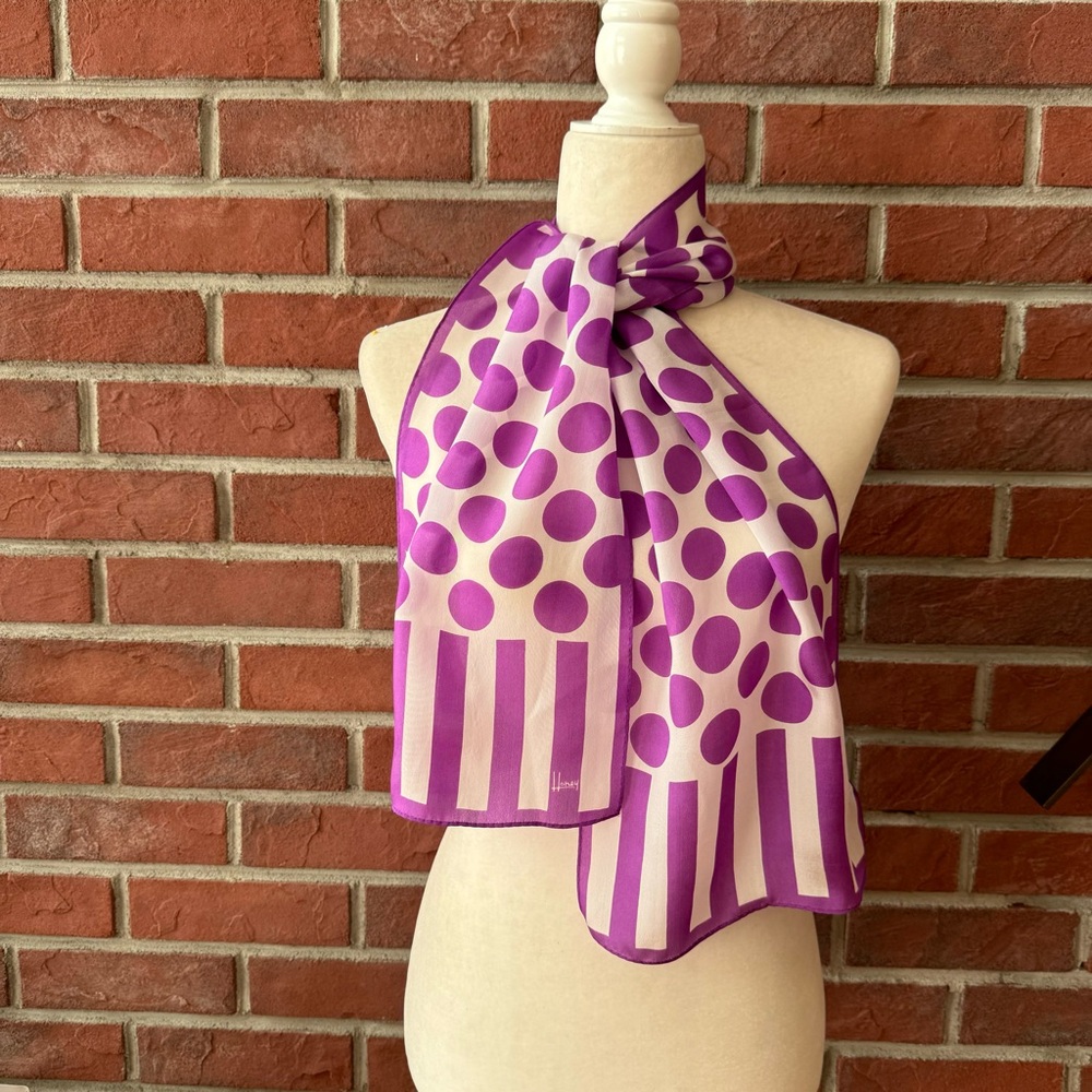 Honey Signed Logo Silk Polka DotStriped White Purple Scarf 10”x52”Made …
